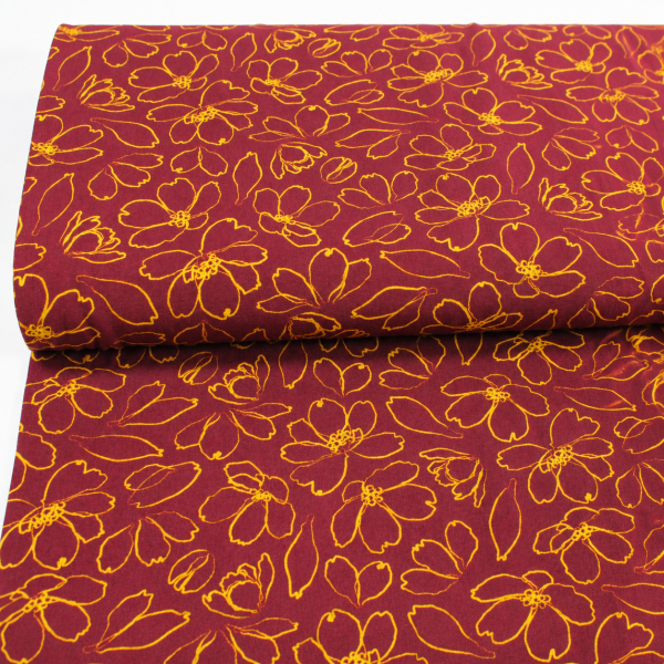 Viskose-Webware Blumenkontur Bordeaux-Senfgelb